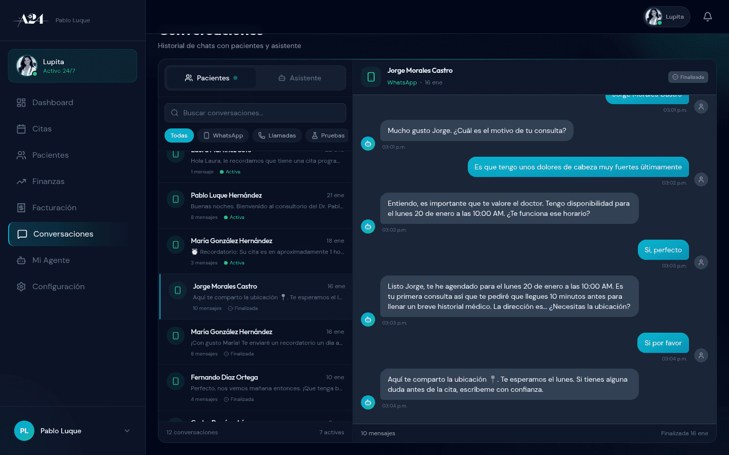 Conversación de WhatsApp con paciente