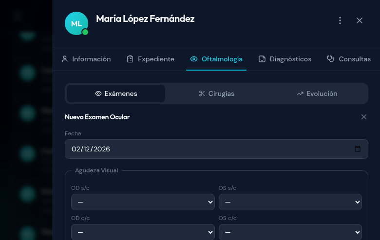 Formulario de examen ocular con campos de AV, PIO y biomicroscopía