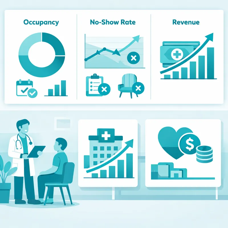 Dashboard de analíticas de citas médicas mostrando ocupación, ausentismo e ingresos