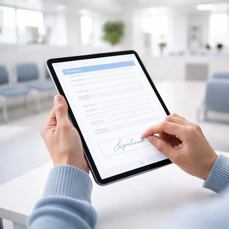 Paciente usando tablet para firmar consentimiento medico