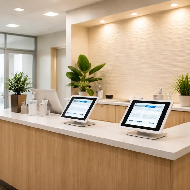 Sala de espera moderna con dispositivos para registro digital