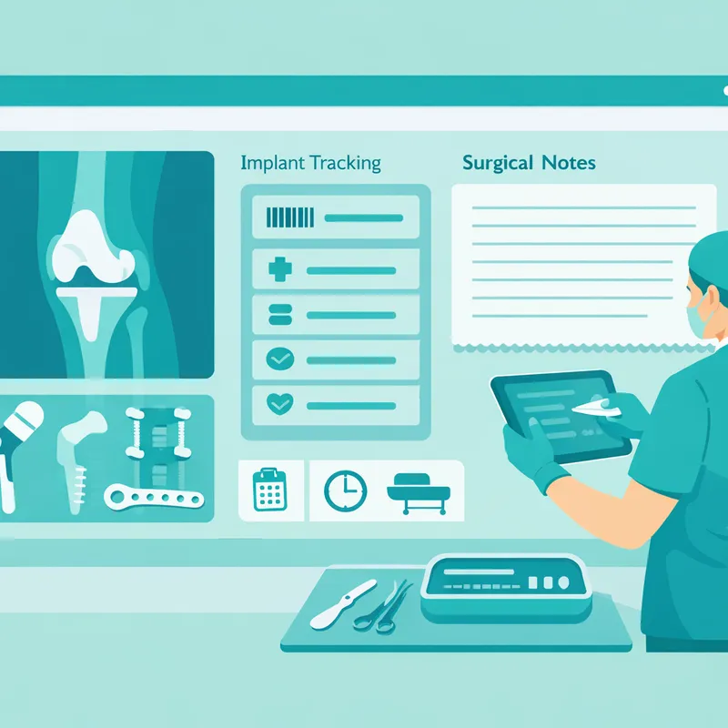 Interfaz de registro de cirugía ortopédica con campos estructurados y material implantado