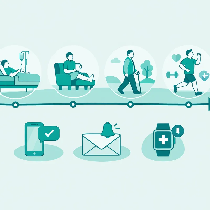 Timeline visual de seguimiento postoperatorio con hitos clave y recordatorios automáticos